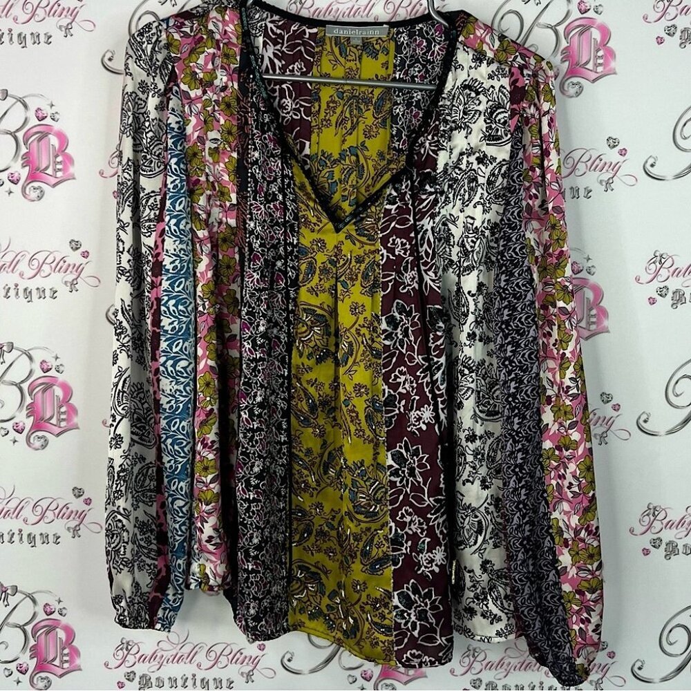 Daniel Rainn top blouse paisley boho flowy shiny Floral Patchwork Blouse